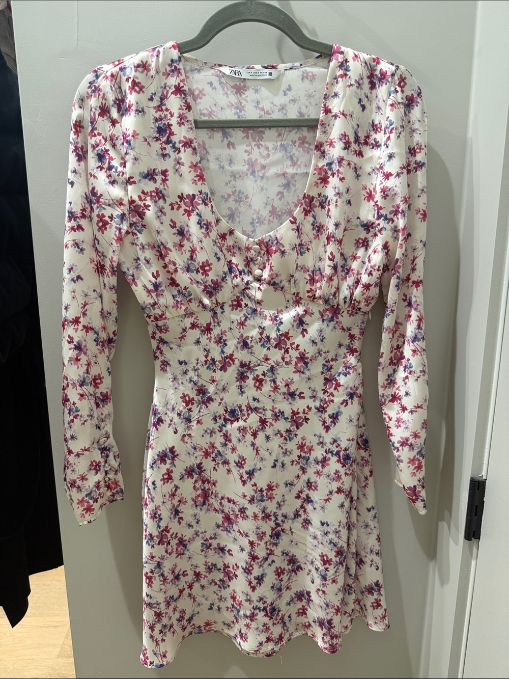Zara Cream Dress with Pink & Purple Floral Print - Long Sleeve
